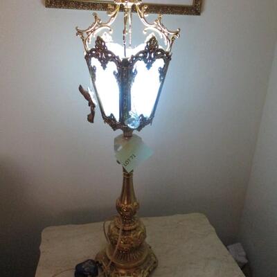 Brass Table Lamp w/Blue stained glass shade