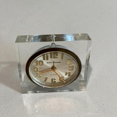 Mid Century Square Clear Lucite Acrylic Seth Thomas Desk Alarm Clock GERMANY