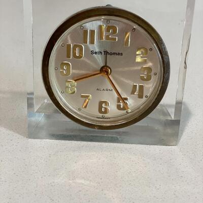 Mid Century Square Clear Lucite Acrylic Seth Thomas Desk Alarm Clock GERMANY