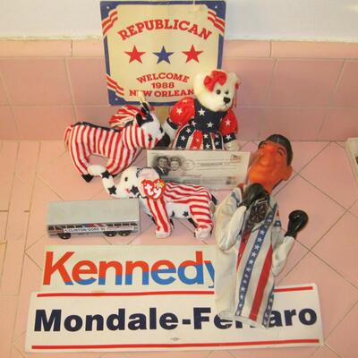 MS Group Vintage Political Souvenirs  Bumper Stickers Reagan Boxer Beanie Babies Clinton Bus