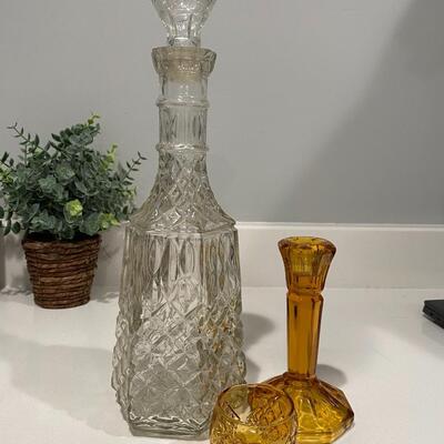 Vintage Crystal Decanter and Amber Glass Candlestick