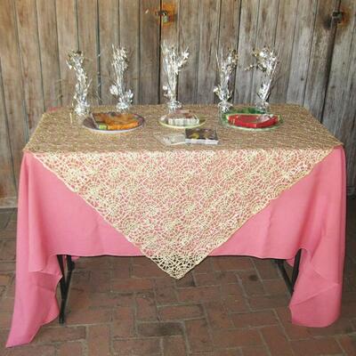 MS Party Supplies Pink Table Cloth Gold Sequin Overlay Sparkle Weight Plates & Napkins