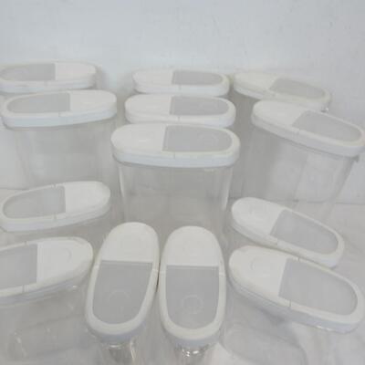 13 Ikea Food Pantry Containers, Clear w/White Lid, 7 Tall, 6 Small