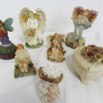 6 Figurines & Trinket Box: Angels, Cherubs, Heart Shaped Box