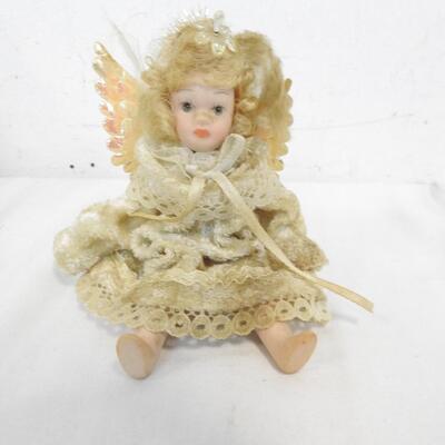 Vintage All Porcelain Doll With Velvet Dress & Angel Wings, Basket Included