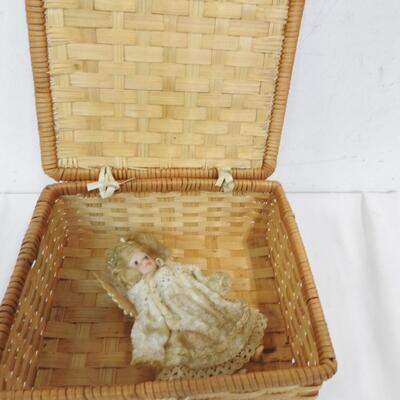 Vintage All Porcelain Doll With Velvet Dress & Angel Wings, Basket Included