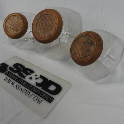 3 Glass Cookie Jar Canisters with Wooden Lids: 1 large, 2 medium size