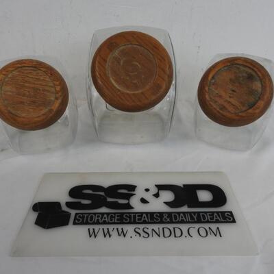 3 Glass Cookie Jar Canisters with Wooden Lids: 1 large, 2 medium size