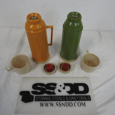 2 Thermos Hot Drink Containers with Stopper Lids & Cups. Green, Yellow, Vintage