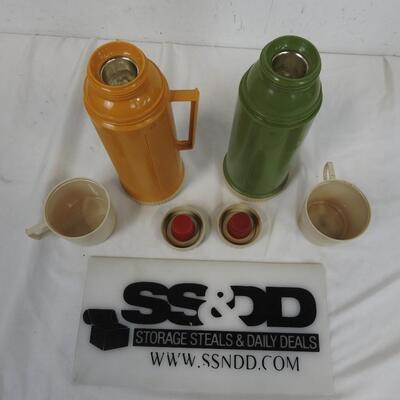 2 Thermos Hot Drink Containers with Stopper Lids & Cups. Green, Yellow, Vintage