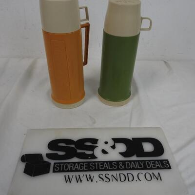 2 Thermos Hot Drink Containers with Stopper Lids & Cups. Green, Yellow, Vintage