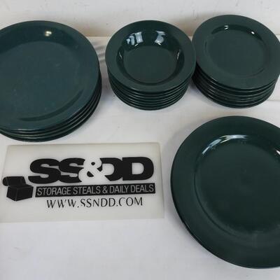 22 pc Dark Green Ceramic Dishes: 2 large plates, 5 plates, 8 bowls, 7 sm plates