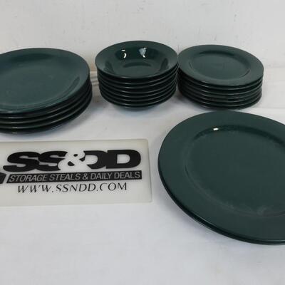 22 pc Dark Green Ceramic Dishes: 2 large plates, 5 plates, 8 bowls, 7 sm plates