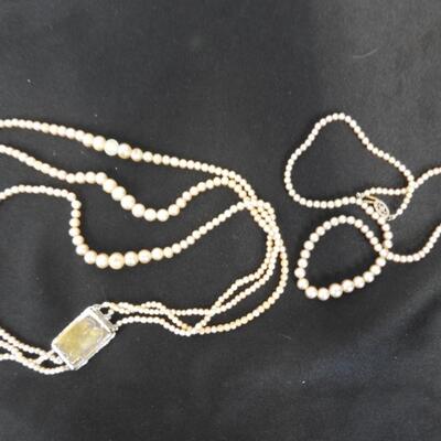 8 pc Costume Jewelry, Pearl Necklaces, Clip on Earrings - Vintage