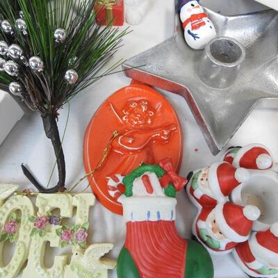 Christmas Lot: Glass Ornaments, Ceramic Figures and Candle Holders, Napkins