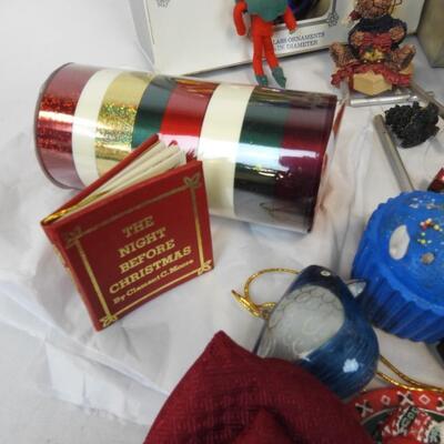 Christmas Lot: Glass Ornaments, Ceramic Figures and Candle Holders, Napkins