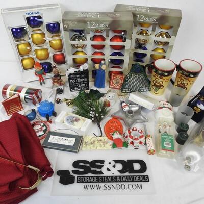 Christmas Lot: Glass Ornaments, Ceramic Figures and Candle Holders, Napkins