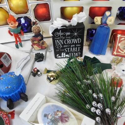 Christmas Lot: Glass Ornaments, Ceramic Figures and Candle Holders, Napkins