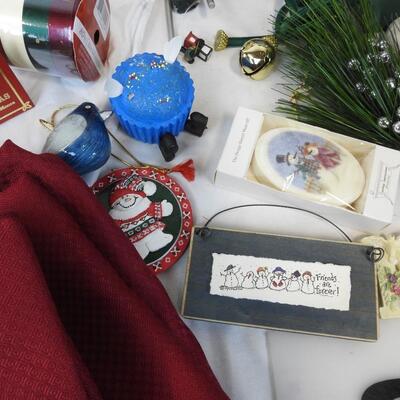 Christmas Lot: Glass Ornaments, Ceramic Figures and Candle Holders, Napkins