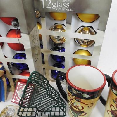 Christmas Lot: Glass Ornaments, Ceramic Figures and Candle Holders, Napkins