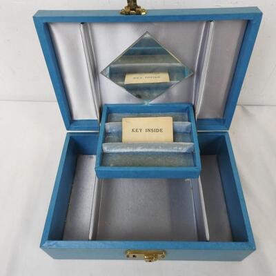 Blue Jewelry/Make Up Case, Lock and Key, Mirror and Compartments