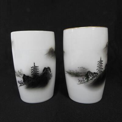 Fukagawa Arita 5 Handpainted Glasses, Japanese Mountain Theme