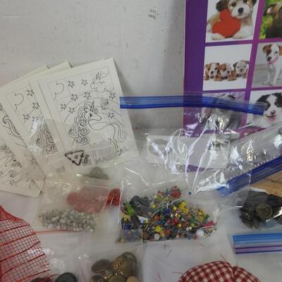 18+ Craft Lot: Red Mesh, Buttons, Seashells, Stamps, Pins