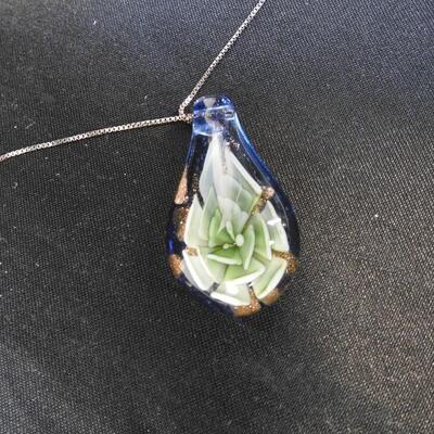 Sterling Silver Chain with Blue Glass Flower Pendant