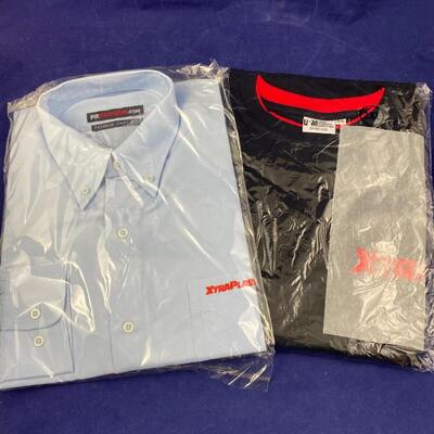 Lot of 2 shirts-new- L dress shirt, XL t shirt, both with xtraplast logo