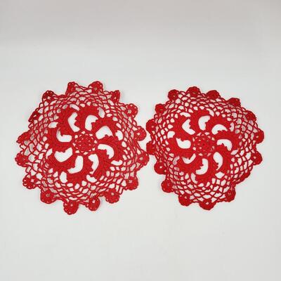 PAIR OF VINTAGE HAND KNITTED RED DOLLIES
