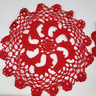 PAIR OF VINTAGE HAND KNITTED RED DOLLIES