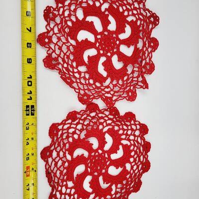 PAIR OF VINTAGE HAND KNITTED RED DOLLIES