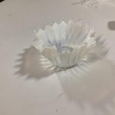 Vintage Fostoria Heirloom White and Blue Opalescent Handkerchief Bowl
