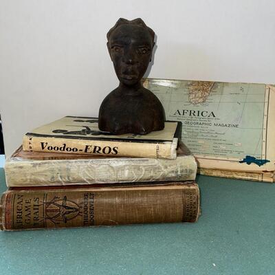 AA  GROUP OF AFRICAN VINTAGE BOOKS & WOOD CARVING