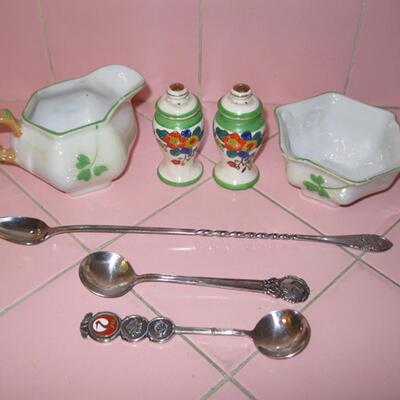MS Made In Japan Shamrock Lucky Creamer Sugar + Salt Pepper JAL Airlines Souvenir Spoons Fujiya