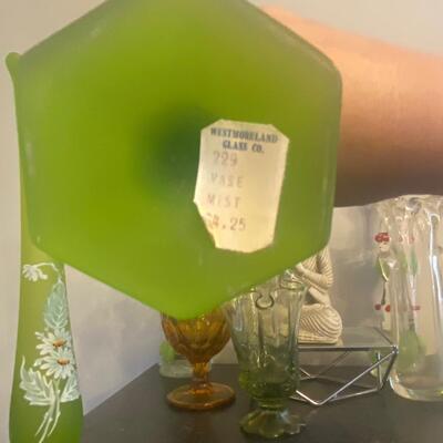 Two satin green Westmoreland swung vase bundle