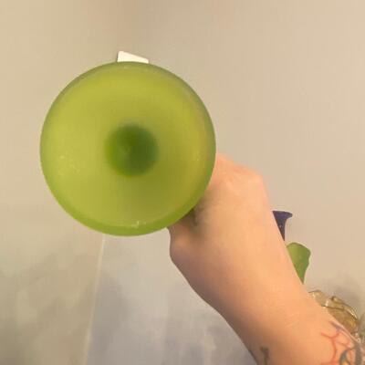 Two satin green Westmoreland swung vase bundle