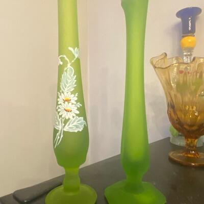 Two satin green Westmoreland swung vase bundle