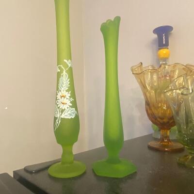 Two satin green Westmoreland swung vase bundle