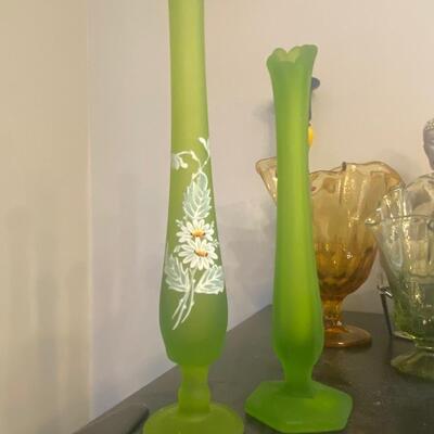 Two satin green Westmoreland swung vase bundle