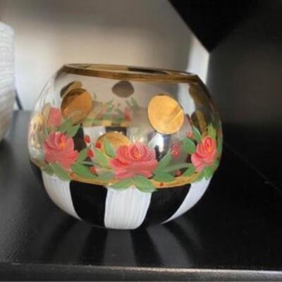 Mackenzie Childs globe vase with stripes and roses