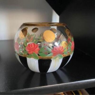Mackenzie Childs globe vase with stripes and roses