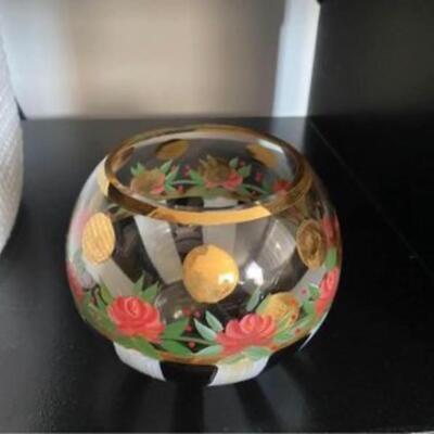 Mackenzie Childs globe vase with stripes and roses