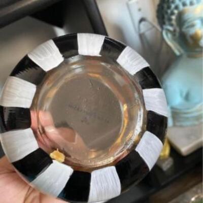 Mackenzie Childs globe vase with stripes and roses