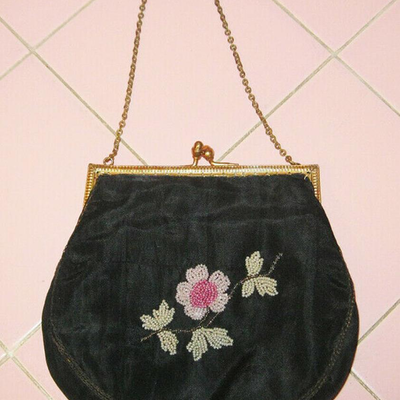 MS Antique Small Beaded Evening Hand Bag Purse Made In France Floral Decoration