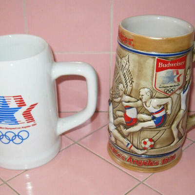 MS 2 Souvenir Ceramic Mugs 1984 Los Angeles Olympics Budweiser Stars In Motion Beer