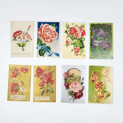 EARLY FLOWERED POSTCARDS 8PC