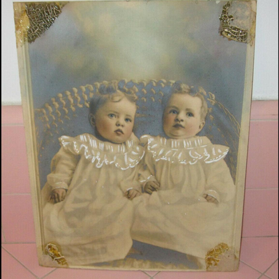 MS Large Antique Hand Tinted Photo Twin Children Alfred Thurtell Lace Collars