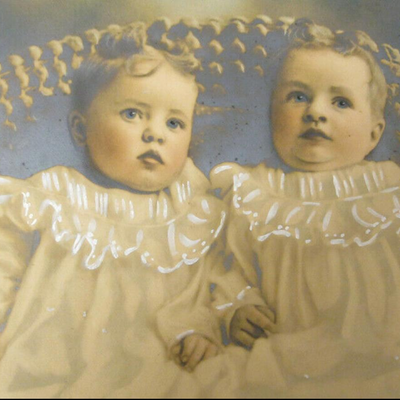 MS Large Antique Hand Tinted Photo Twin Children Alfred Thurtell Lace Collars