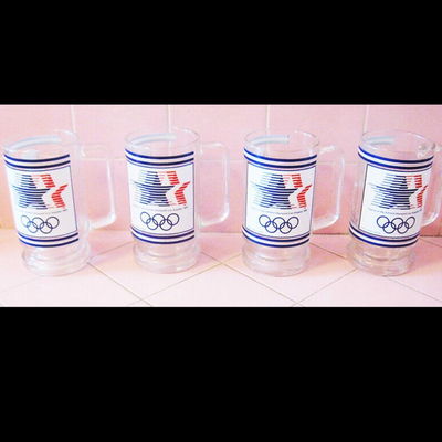 MS 4 Souvenir Glass Olympic Beer Mugs Stars In Motion Sam Eagle 1984 Los Angeles